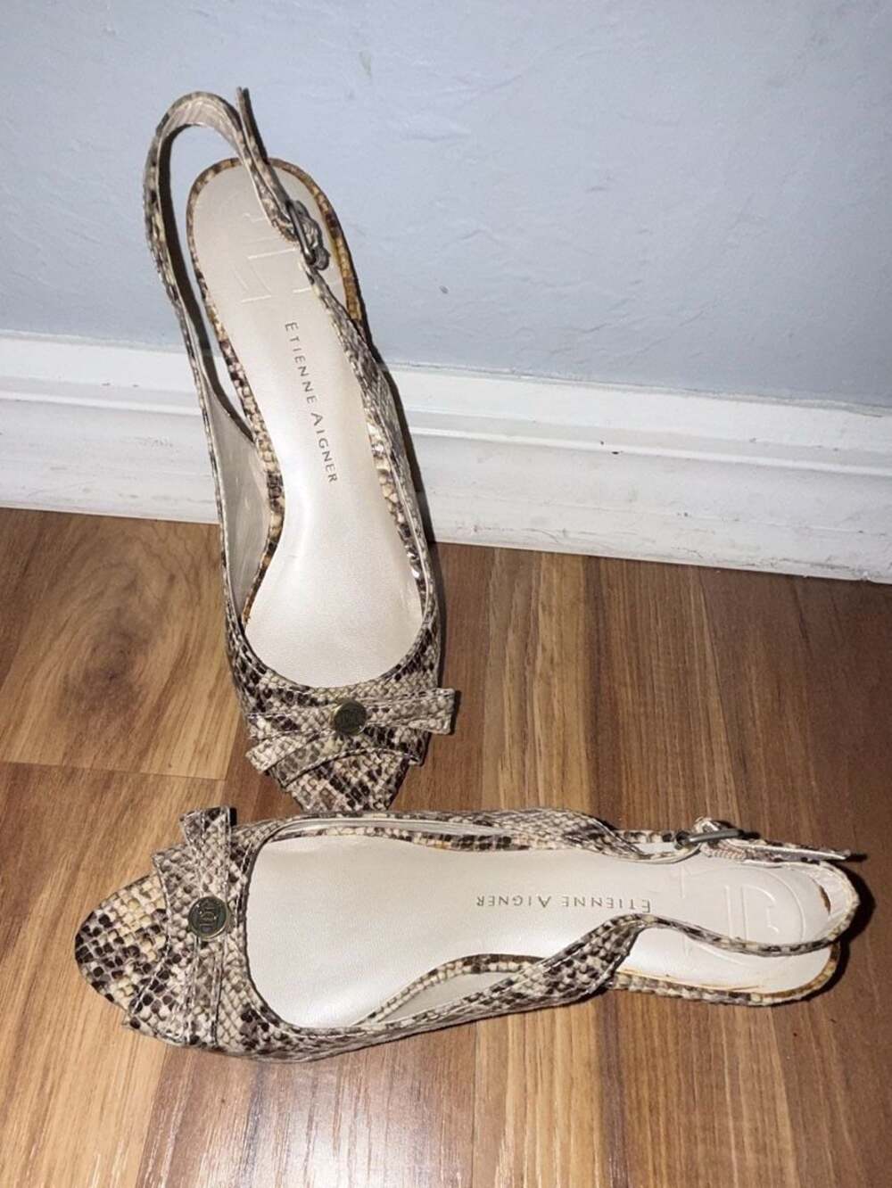 Etienne Aigner Snakeskin Print Peep-Toe Slingback Cork Wedge Sandals - Picture 2 of 3